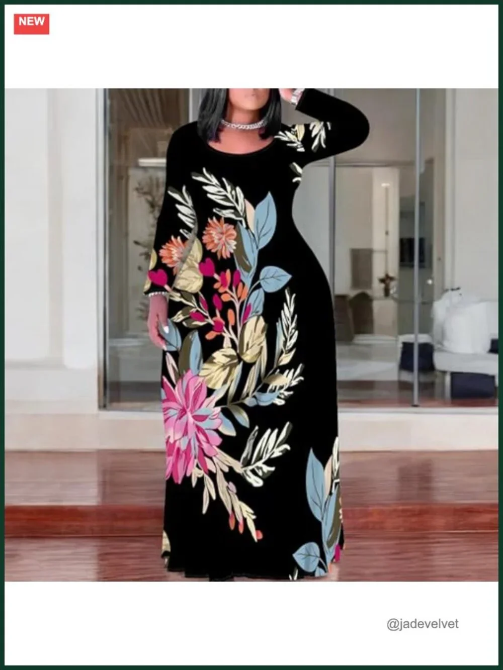 Plus Size Maxi Dress with Pockets, Long Sleeve Bodycon T-Shirt Dress